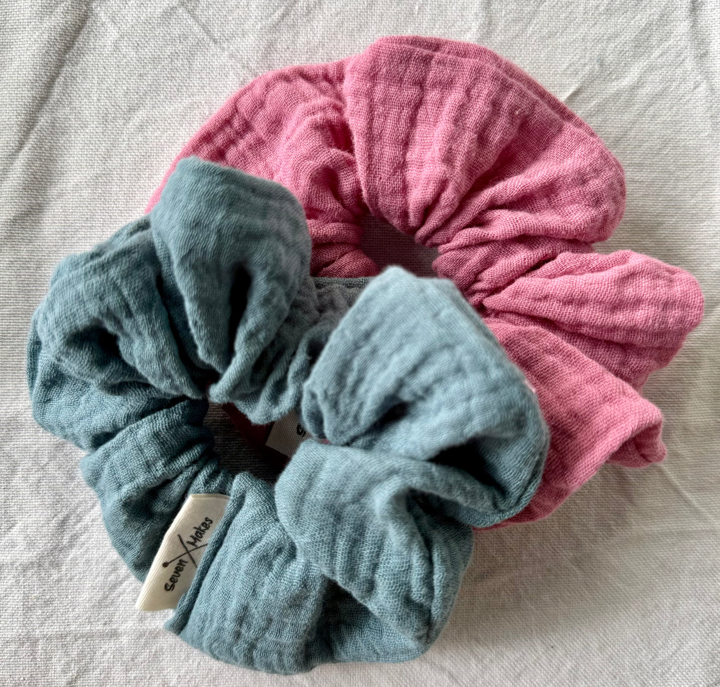 Cotton Gauze Scrunchies - dusky rose pink and blue