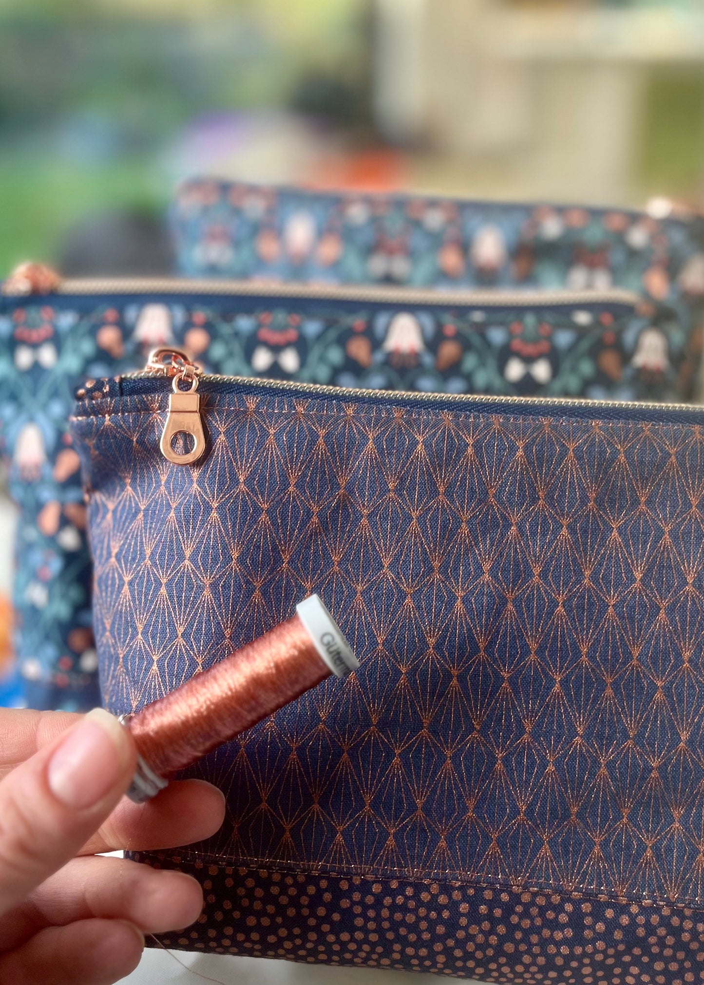 copper geo print washbag with waterproof lining and copper zip
