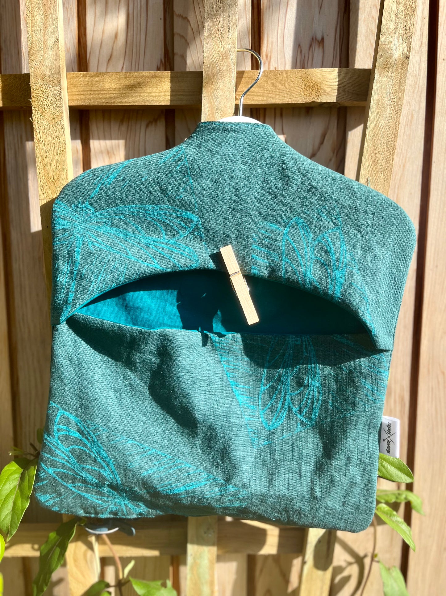 handprinted dragonfly linen clothes peg bag