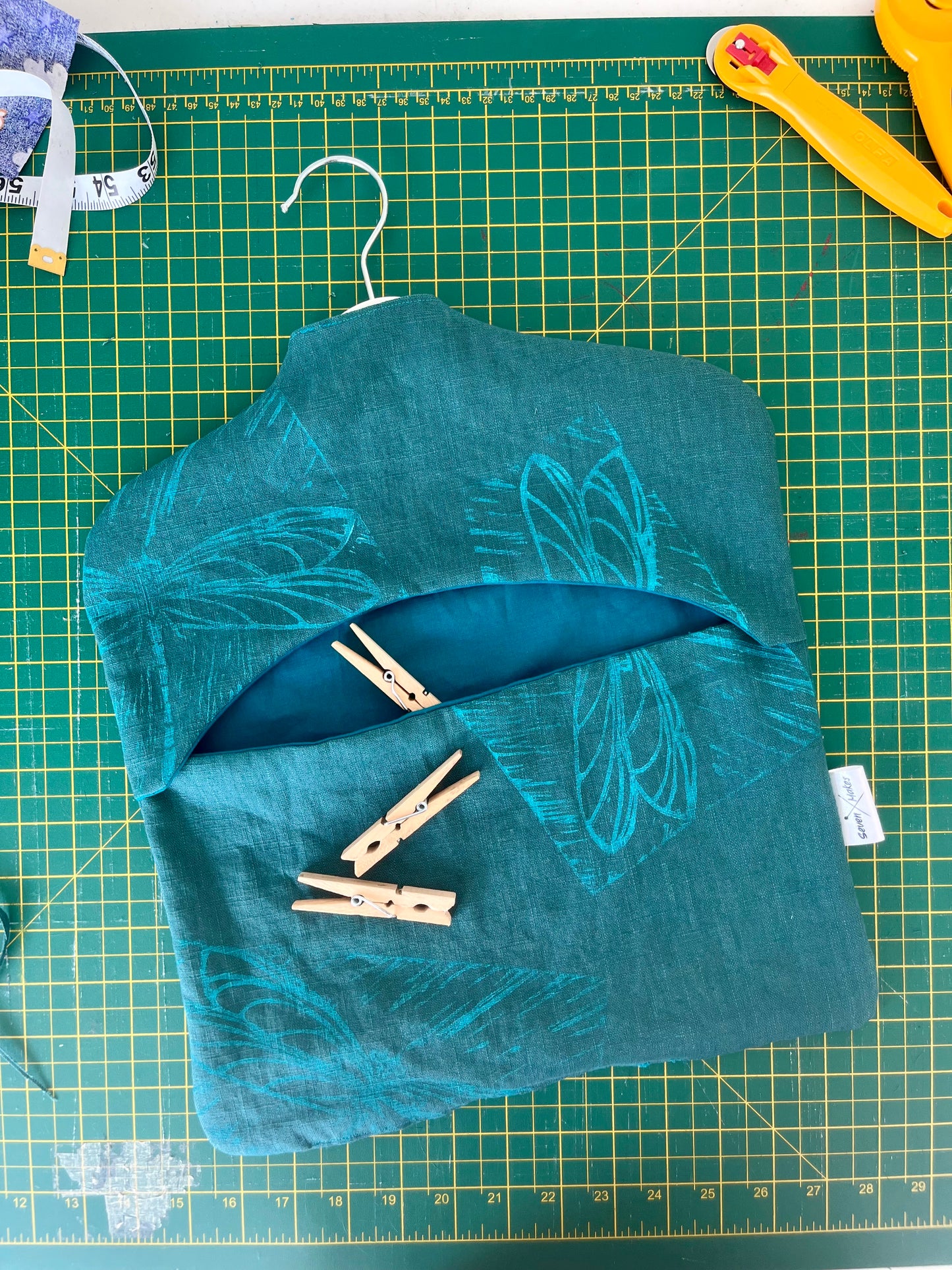 handprinted dragonfly linen clothes peg bag