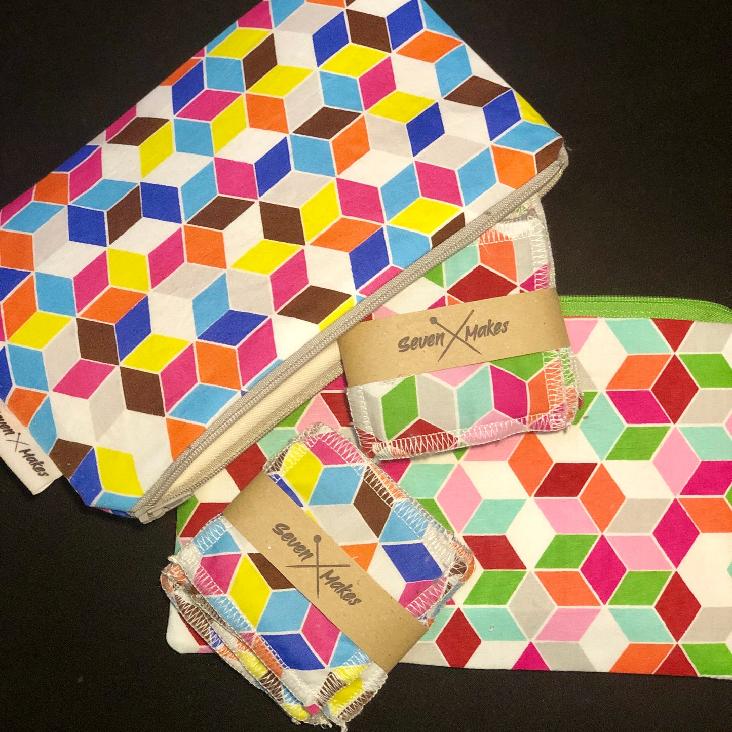 Lined zipper bag - wash bag, pencil case, clutch bag - Multi Cube fabric