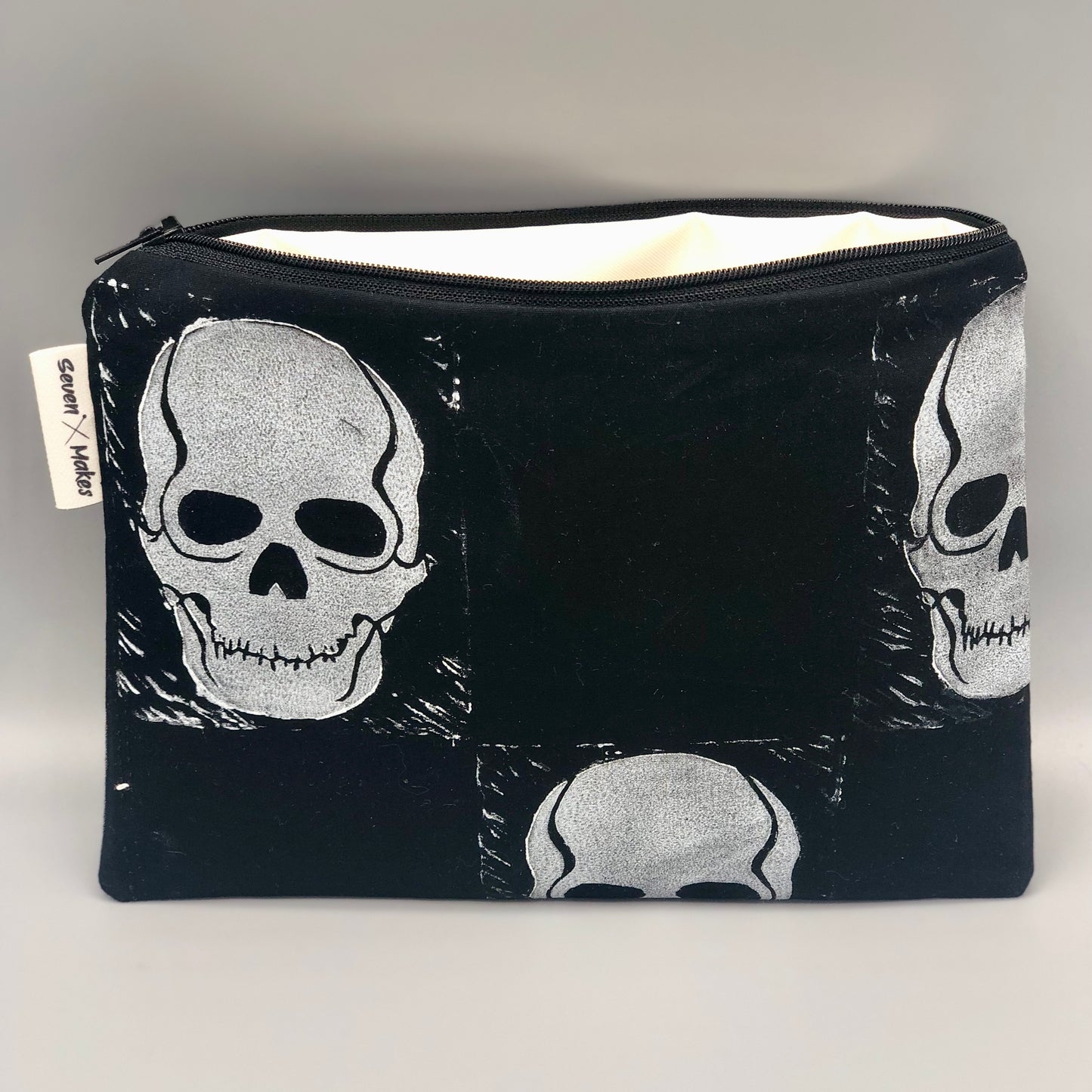 Hand printed Skull Fabric Zipper Pouch - two sizes and with waterproof lining option