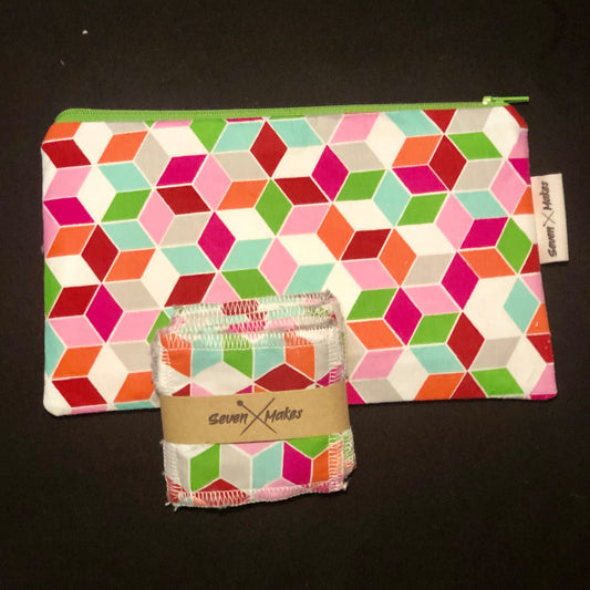 Lined zipper bag - wash bag, pencil case, clutch bag - Multi Cube fabric