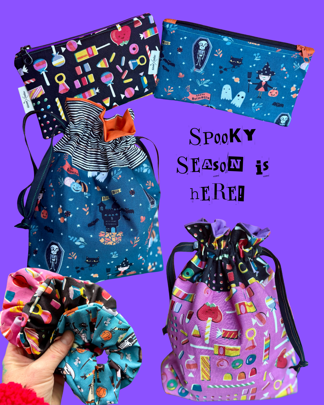 Selection of handmade products in Halloween fabric including scrunchies, zipper bags and drawstring bags as reusable trick or treat bags