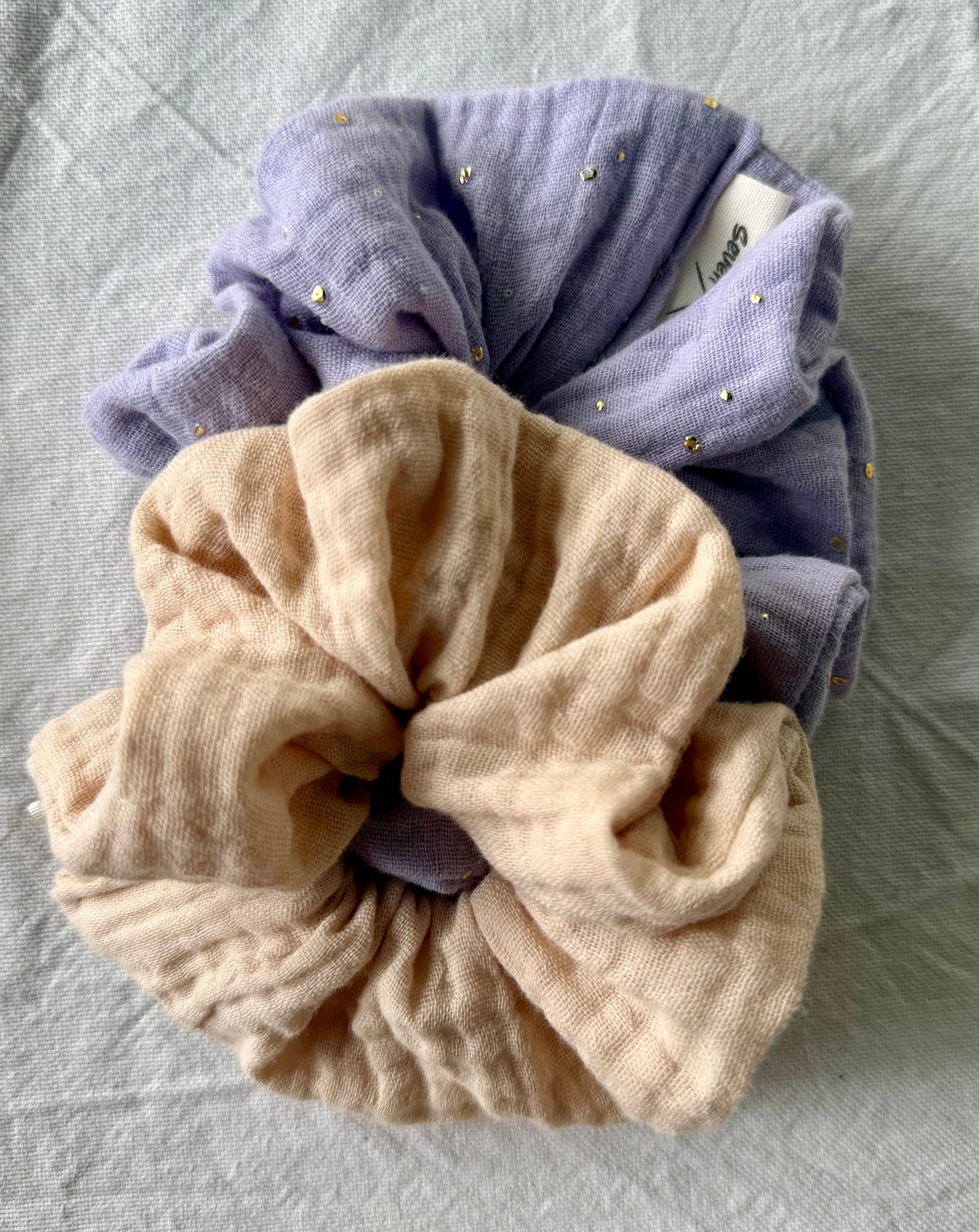 Lilac scrunchie with gold fleck and ecru scrunchie