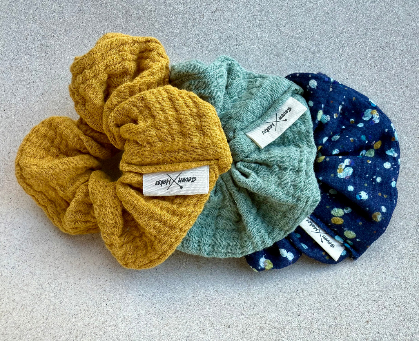 Soft organic cotton scrunchies in mustard sage and navy  