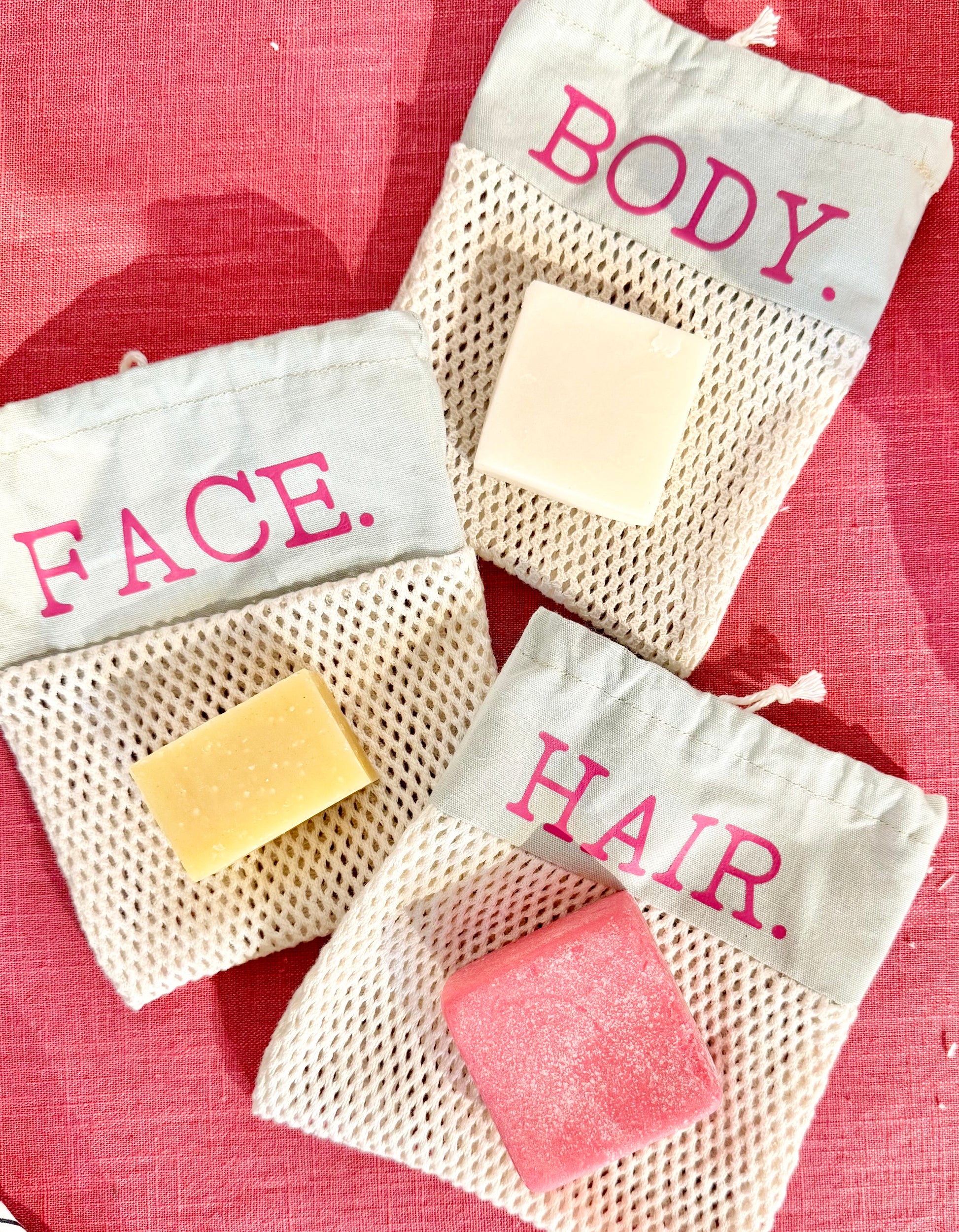 organic net storage bags - labelled for hair, face and body bars