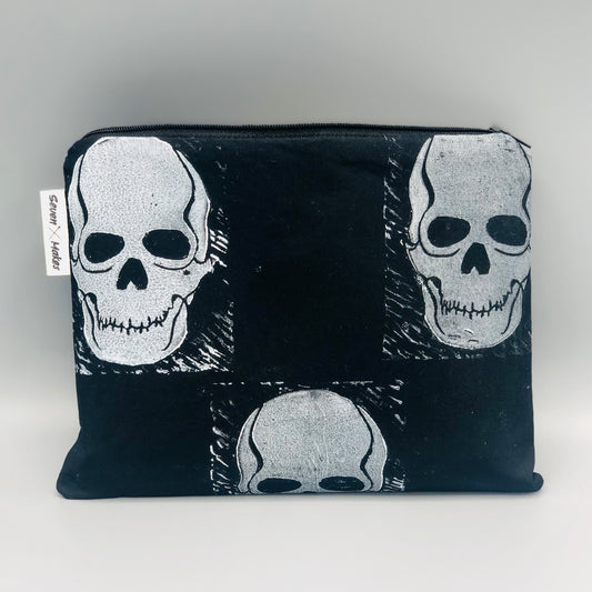 Hand printed Skull Fabric Zipper Pouch - two sizes and with waterproof lining option