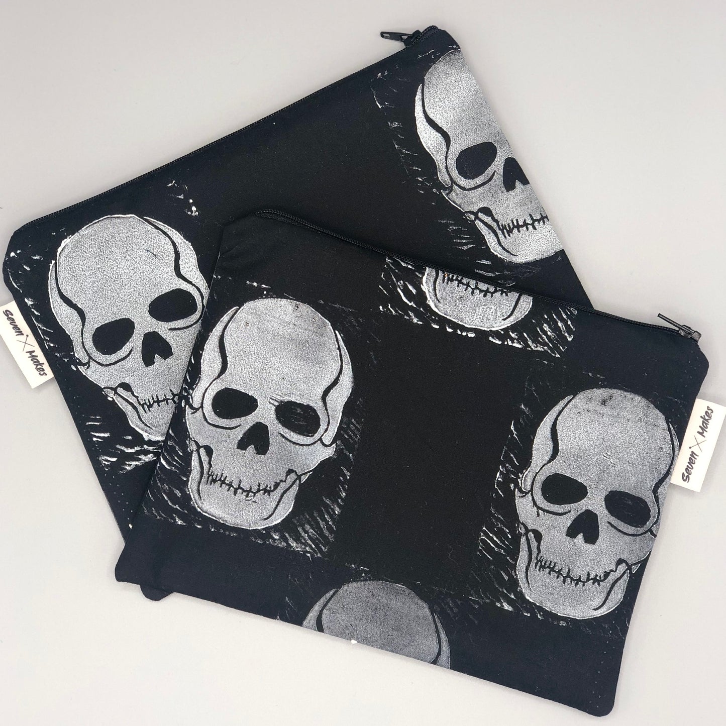 Hand printed Skull Fabric Zipper Pouch - two sizes and with waterproof lining option