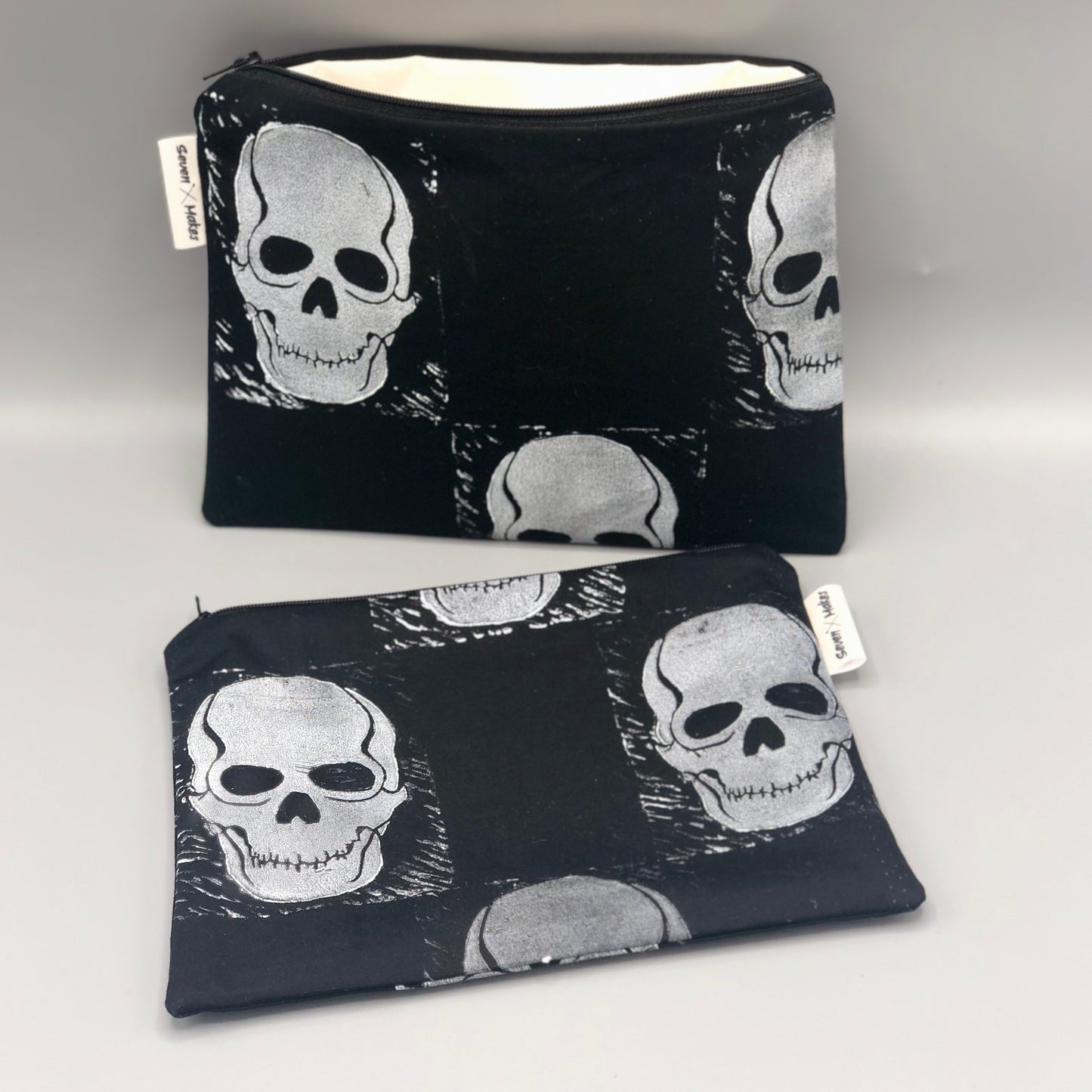 Hand printed Skull Fabric Zipper Pouch - two sizes and with waterproof lining option