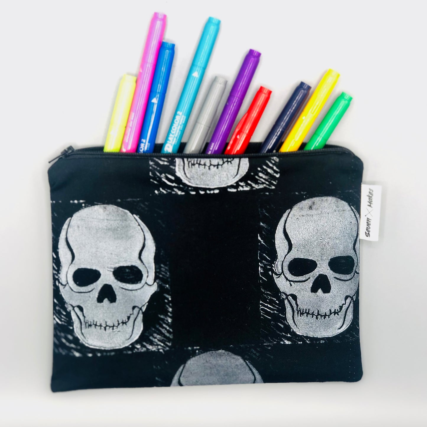 Hand printed Skull Fabric Zipper Pouch - two sizes and with waterproof lining option