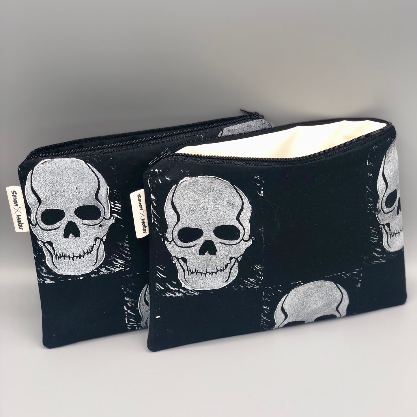 Hand printed Skull Fabric Zipper Pouch - two sizes and with waterproof lining option