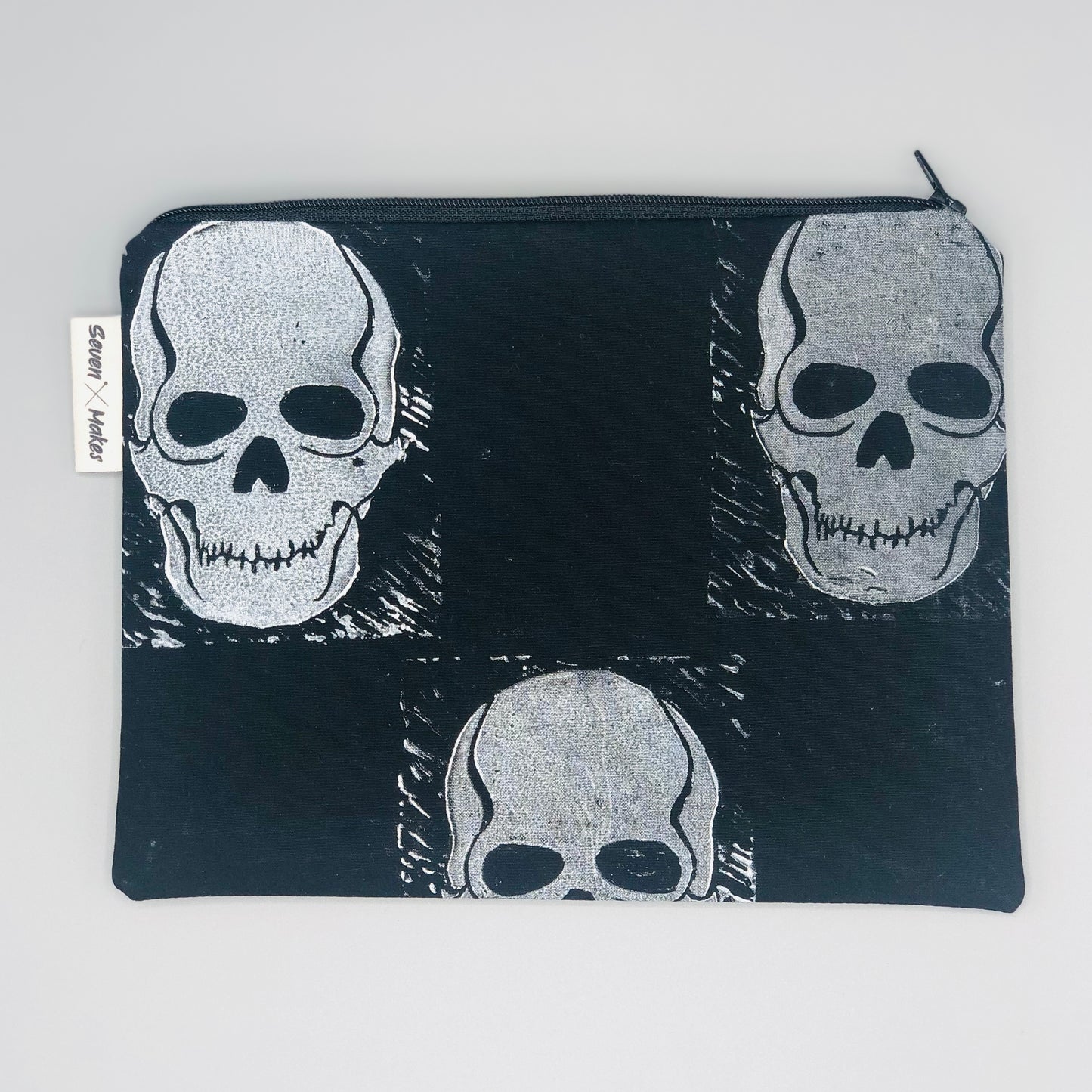 Hand printed Skull Fabric Zipper Pouch - two sizes and with waterproof lining option