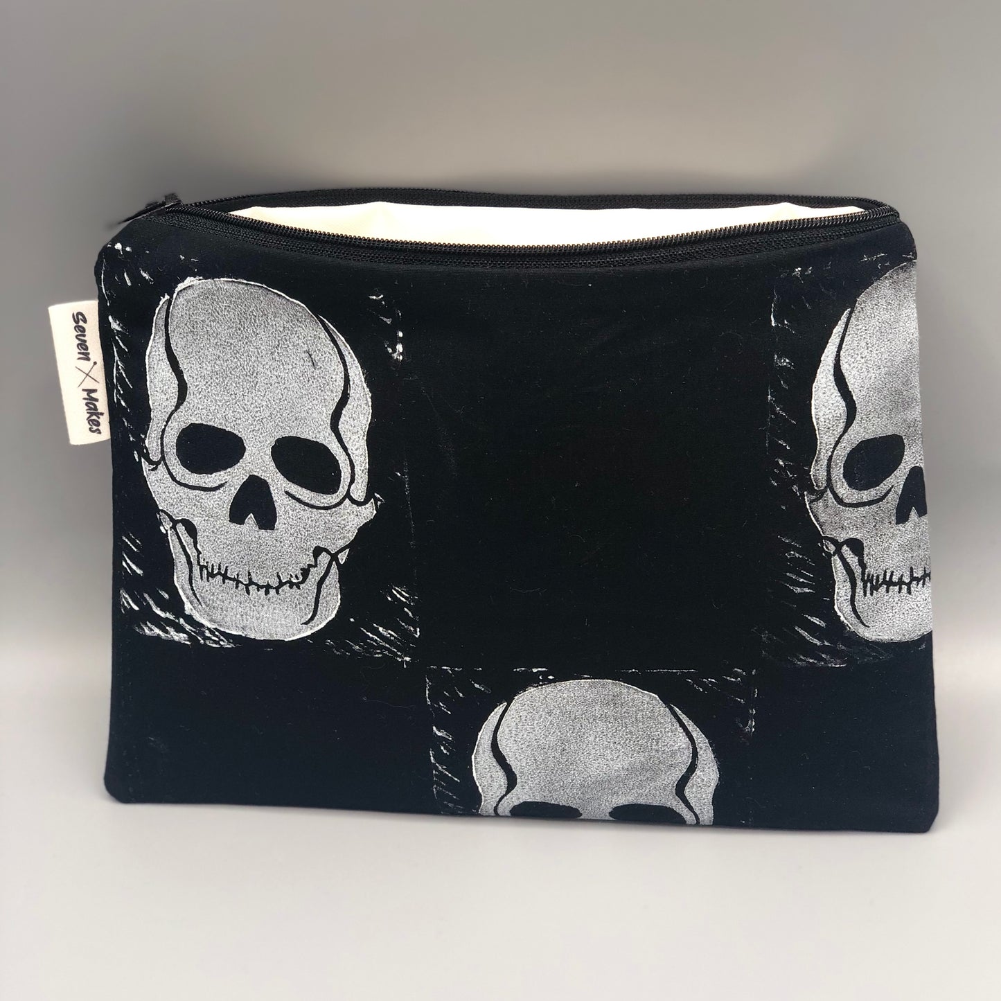 Hand printed Skull Fabric Zipper Pouch - two sizes and with waterproof lining option