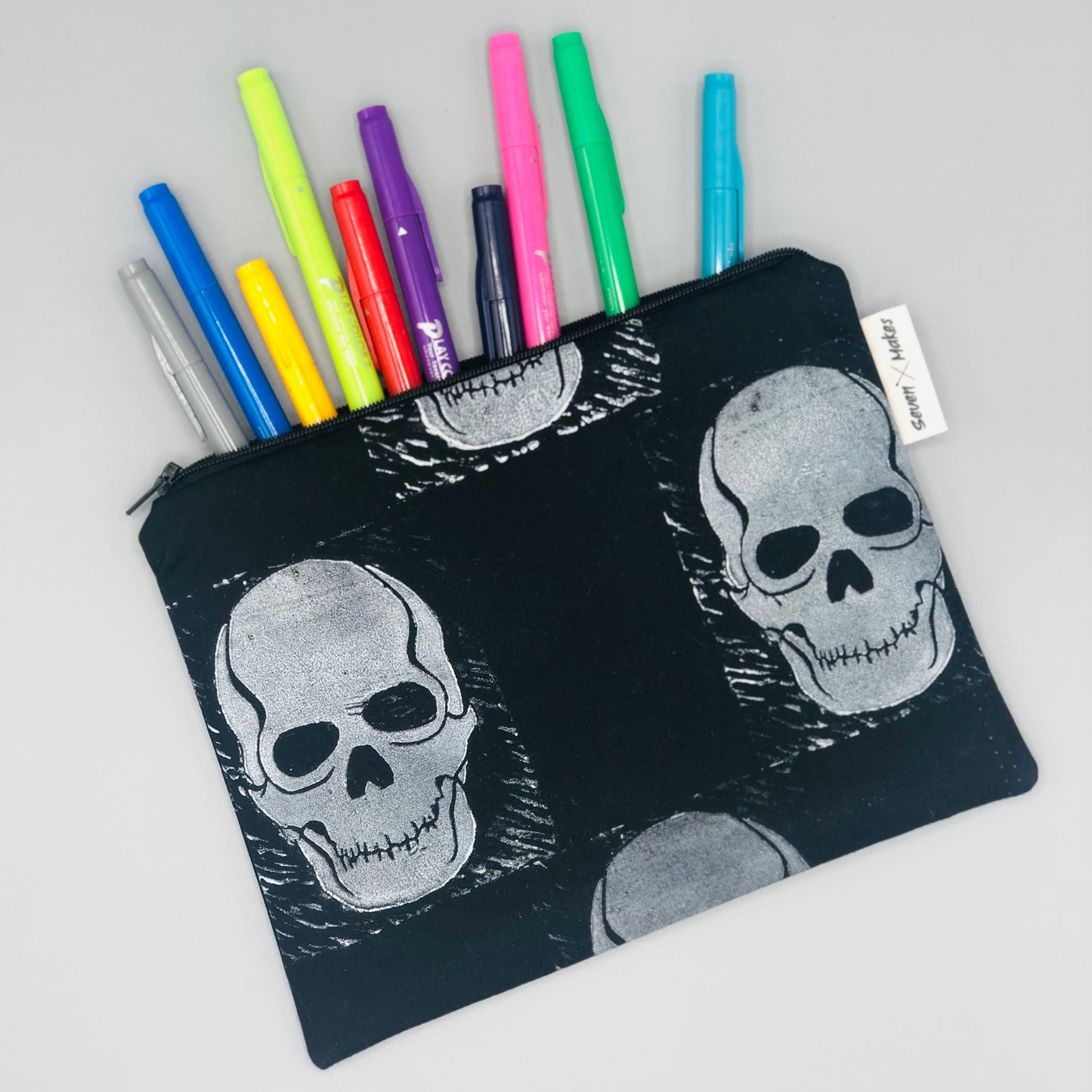 Hand printed Skull Fabric Zipper Pouch - two sizes and with waterproof lining option