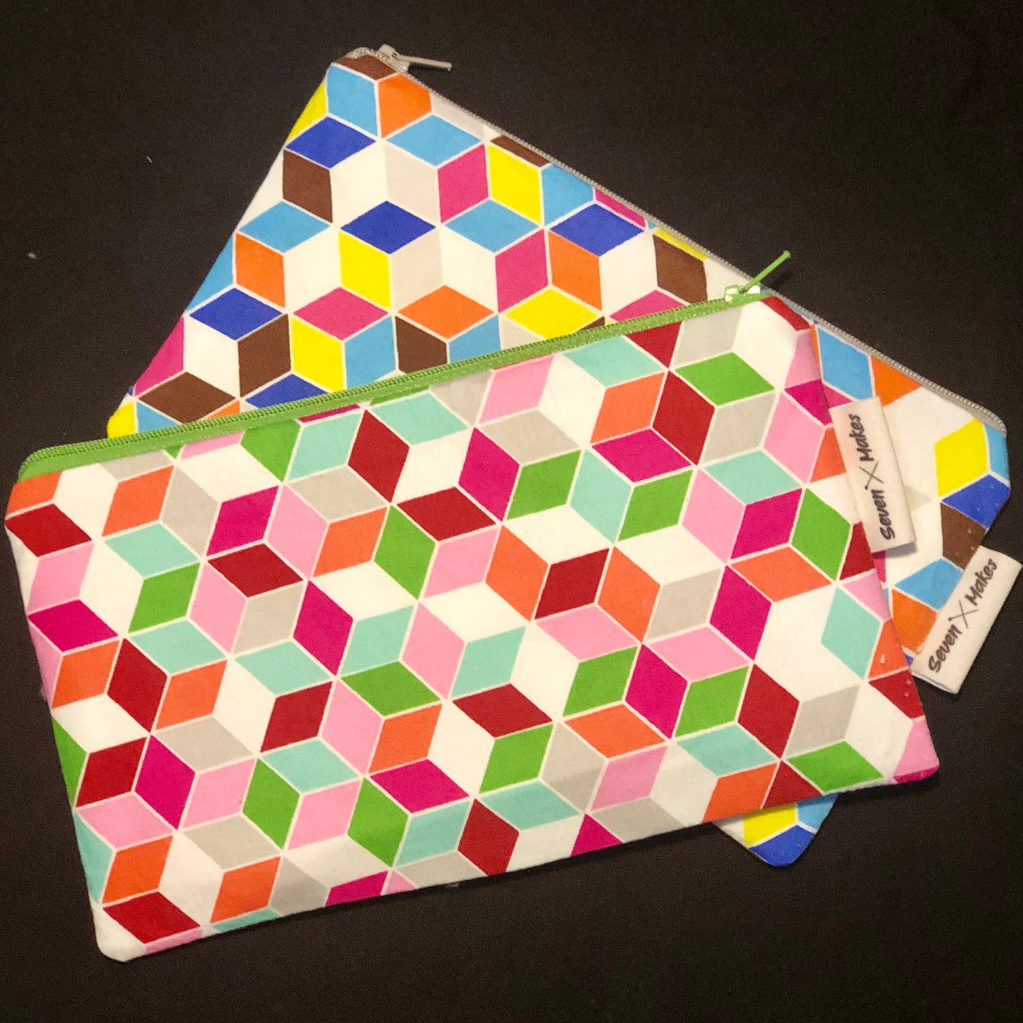Lined zipper bag - wash bag, pencil case, clutch bag - Multi Cube fabric
