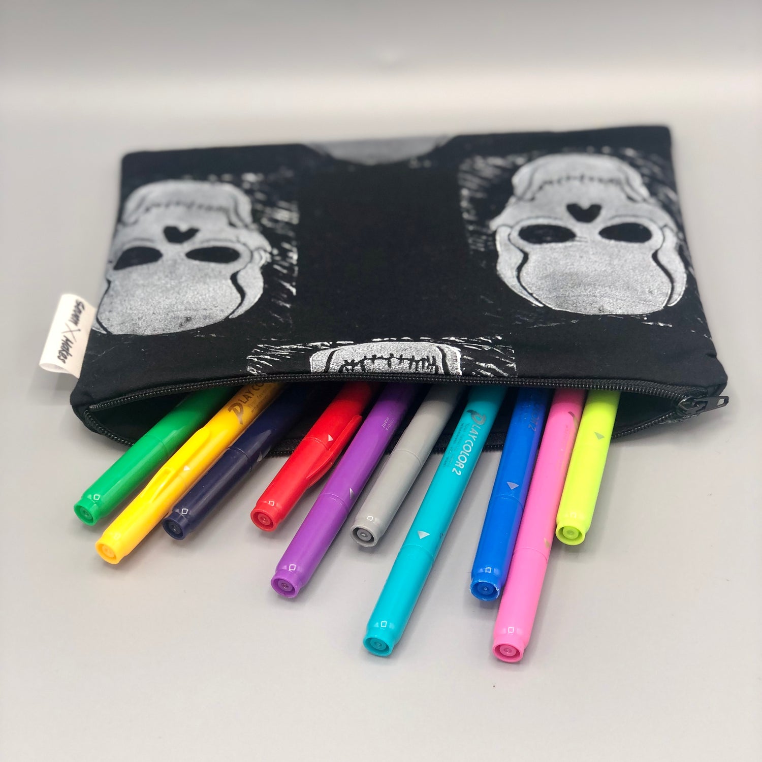 Hand printed Skull Fabric Zipper Pouch - two sizes and with waterproof lining option